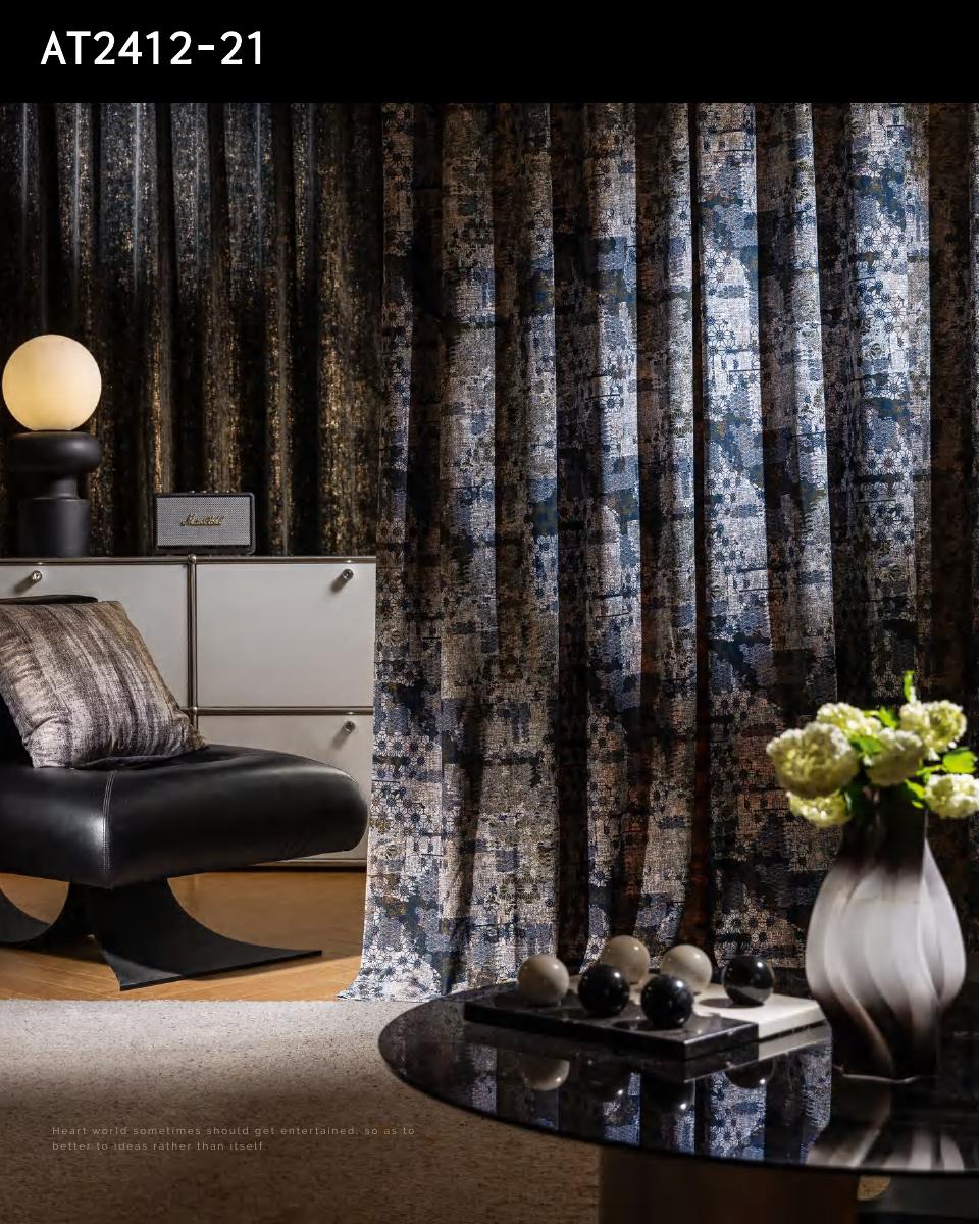 AT dramatic dark patterned curtains in a living room